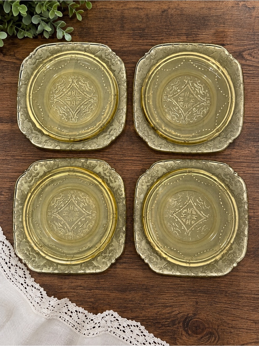 Vintage Amber Glass Dessert Plates Set of 4 Ornate Floral Scroll 6” Square